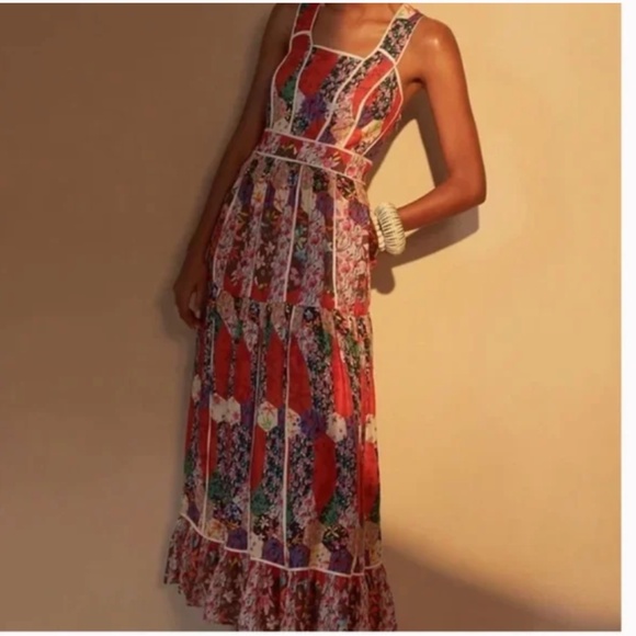 Square Neck Floral Peasant Boho Modern Hippie Farm Hipster Patchwork Maxi Dress - Picture 2 of 6